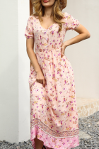 Fashion Elegant Floral Split Joint Buckle V Neck A Line Dresses