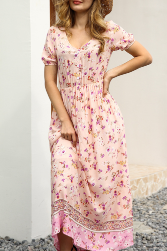 Fashion Elegant Floral Split Joint Buckle V Neck A Line Dresses