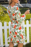 Elegant Floral Flounce With Belt O Neck A Line Dresses