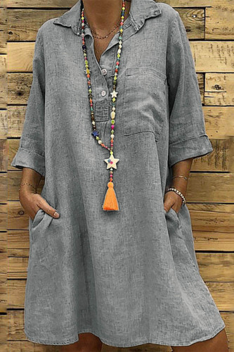 Casual Solid Buckle Turndown Collar One Step Skirt Dresses