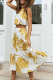 Fashion Casual Print Split Joint Flounce Oblique Collar Sleeveless Two Pieces