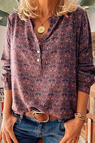 Vintage Print V Neck Mid Waist Tops