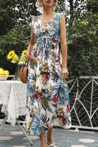 Fashion Street Print Split Joint V Neck Waist Skirt Dresses