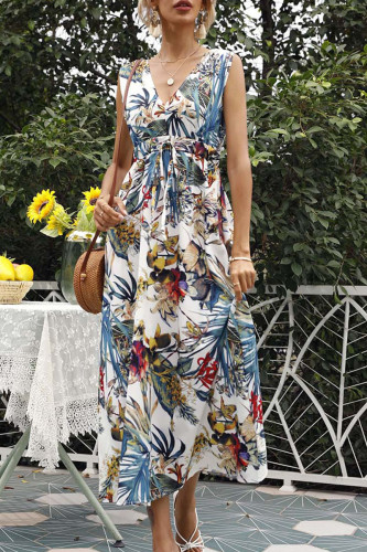 Fashion Street Print Split Joint V Neck Waist Skirt Dresses