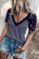 Casual Striped Patchwork V Neck T-Shirts