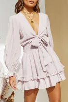 Fashion Street Solid Split Joint V Neck Cake Skirt Dresses