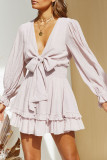 Fashion Street Solid Split Joint V Neck Cake Skirt Dresses