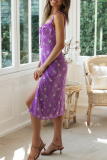 Sweet Elegant Print Frenulum Slit Fold Spaghetti Strap A Line Dresses