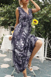 Fashion Street Print Split Joint V Neck Waist Skirt Dresses
