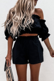 Casual Street Solid Split Joint Flounce Off the Shoulder Three Quarter Two Pieces