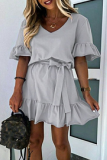 Casual Solid Split Joint Frenulum V Neck A Line Dresses