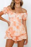 Fashion Street Print Patchwork Off the Shoulder Loose Rompers