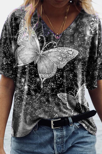 Casual Street Print Butterfly Print Basic V Neck T-Shirts(6 Colors)