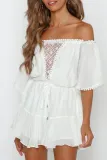 Fashion Solid Patchwork Zipper Off the Shoulder Loose Rompers