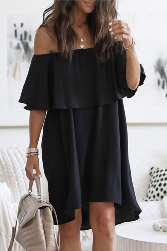 Fashion Elegant Solid Split Joint Flounce Off the Shoulder A Line Dresses