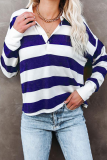 Casual Striped Patchwork Buckle Turndown Collar Tops