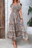 Bohemian College Print Fold V Neck A Line Dresses