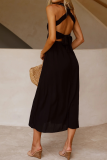 Casual Solid Patchwork Halter Waist Skirt Dresses