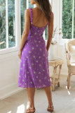 Sweet Elegant Print Frenulum Slit Fold Spaghetti Strap A Line Dresses