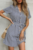 Elegant Striped Buckle With Belt Turndown Collar A Line Dresses
