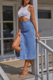 Elegant Solid Buckle Slit Regular High Waist Pencil Solid Color Bottoms