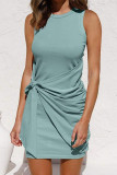 Fashion Street Solid Fold O Neck Wrapped Skirt Dresses