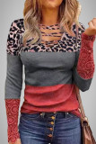 Leopard Print Lace Panel Striped Casual T-Shirt