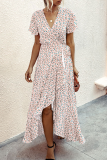 Elegant Floral Flounce With Belt Irregular Dress Dresses