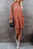 Casual Solid Split Joint Pocket O Neck Long Sleeve Dresses