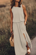 Fashion Casual Solid Patchwork Slit O Neck Waist Skirt Dresses