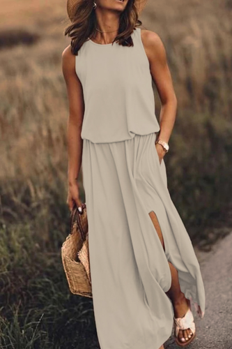 Fashion Casual Solid Patchwork Slit O Neck Waist Skirt Dresses