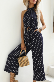 Fashion Elegant Polka Dot Split Joint With Belt Halter Straight Jumpsuits