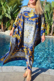 Fashion Vintage Print Split Joint O Neck Printed Dresses