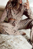 Fashion Living Print Split Joint O Neck Long Sleeve Two Pieces