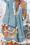 Casual Print Tassel Flounce V Neck Princess Dresses