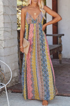 Fashion Street Print Split Joint Backless V Neck A Line Dresses