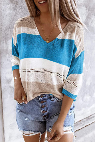Casual Striped Patchwork V Neck Tops