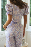 Casual Plaid Floral Fold With Bow V Neck Short Sleeve Two Pieces