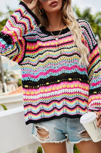 Fashion Street Striped Patchwork O Neck Tops