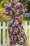 Elegant Floral Frenulum Fold O Neck A Line Dresses