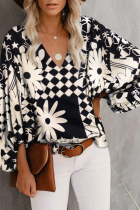 Elegant Print Floral Basic V Neck Tops