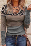 Leopard Print Lace Panel Striped Casual T-Shirt