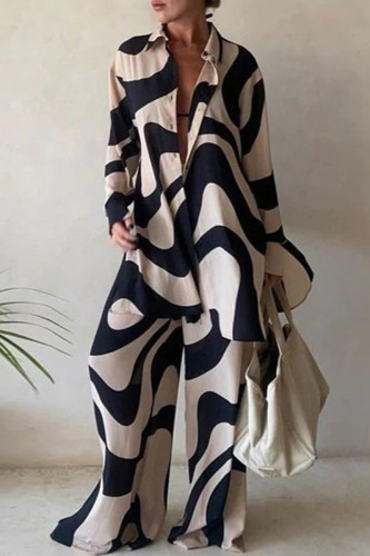 Casual Print Patchwork Turndown Collar Long Sleeve Two Pieces