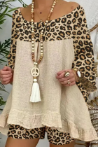 Casual Street Leopard Patchwork Flounce O Neck Three Quarter Two Pieces