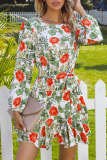 Elegant Floral Flounce With Belt O Neck A Line Dresses