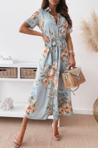 Fashion Elegant Floral Buckle Slit With Belt Turndown Collar A Line Dresses