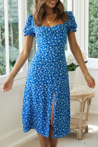 Fashion Street Print Slit Square Collar Irregular Dresses