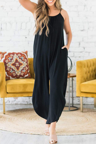Casual Solid Slit Capris O Neck Loose Jumpsuits