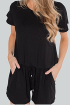 Casual Striped Solid Hollowed Out Buttons O Neck Straight Rompers