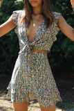 Fashion Street Print Split Joint V Neck Sleeveless Two Pieces